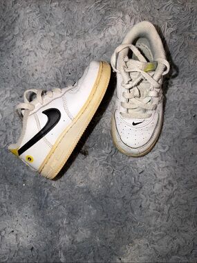 Nike AF1  White Leather Sneakers with Black Swoosh and Yellow have a nice day